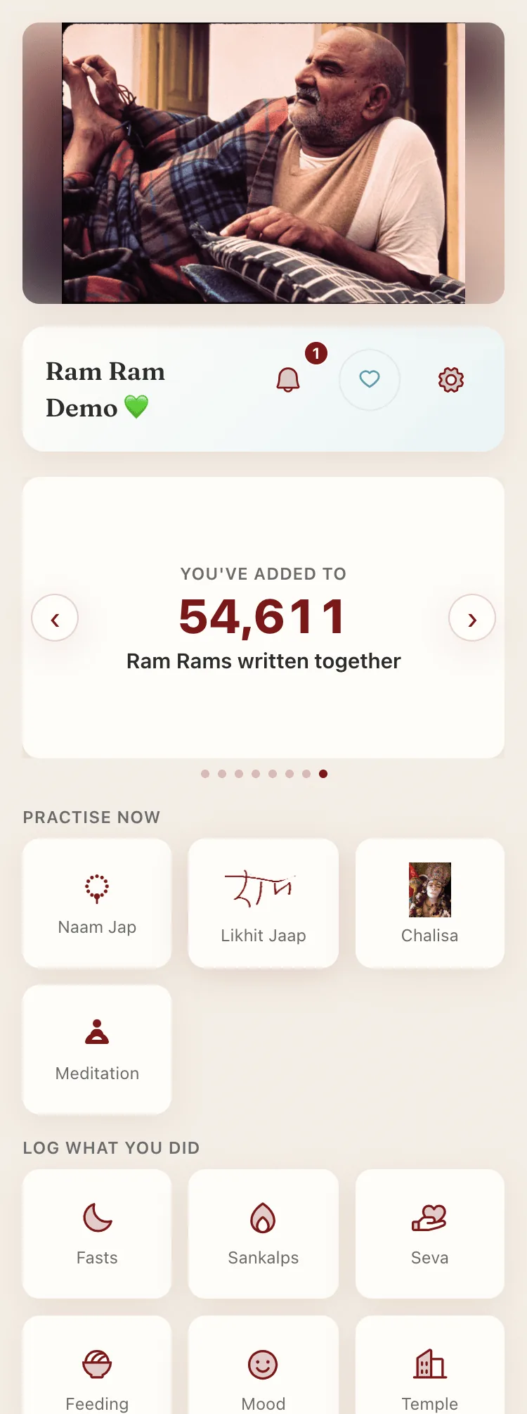 A devotee's dashboard in Love Serve Feed — their practices, their day's progress, and what the sangha has offered together.